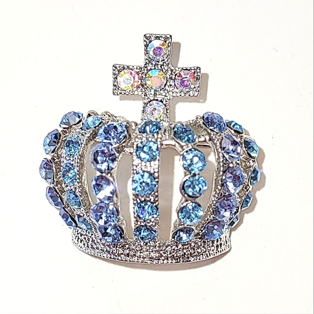 CROWN BROOCH PENDANT - VINTAGE BLUE RHINESTONES